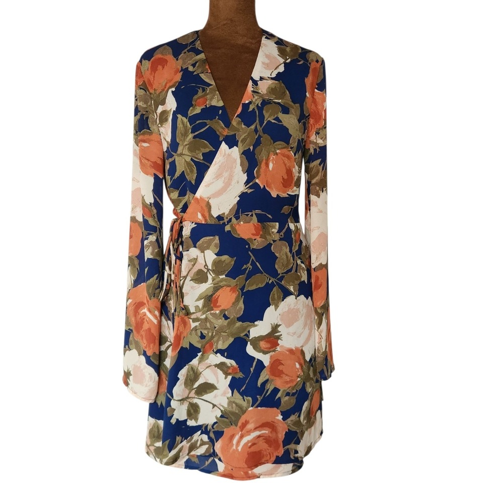 Lulus Wrap Dress Size M Floral Long Sleeve Navy Blue V Neckline